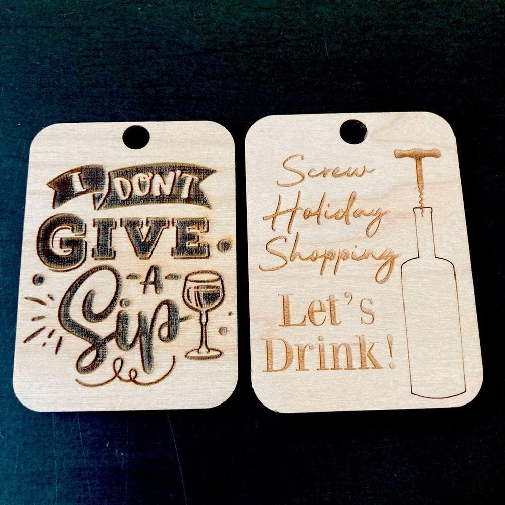 Boho Christmas Wood Wine Drinking Gift Tags or Ornaments Set